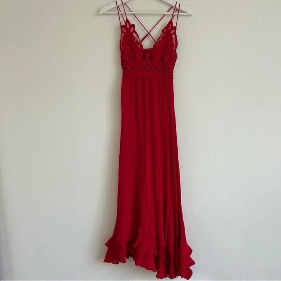 Cherry Red Free People Boho Asymmetrical Adella Maxi Slip - XS - Picture 3 of 7